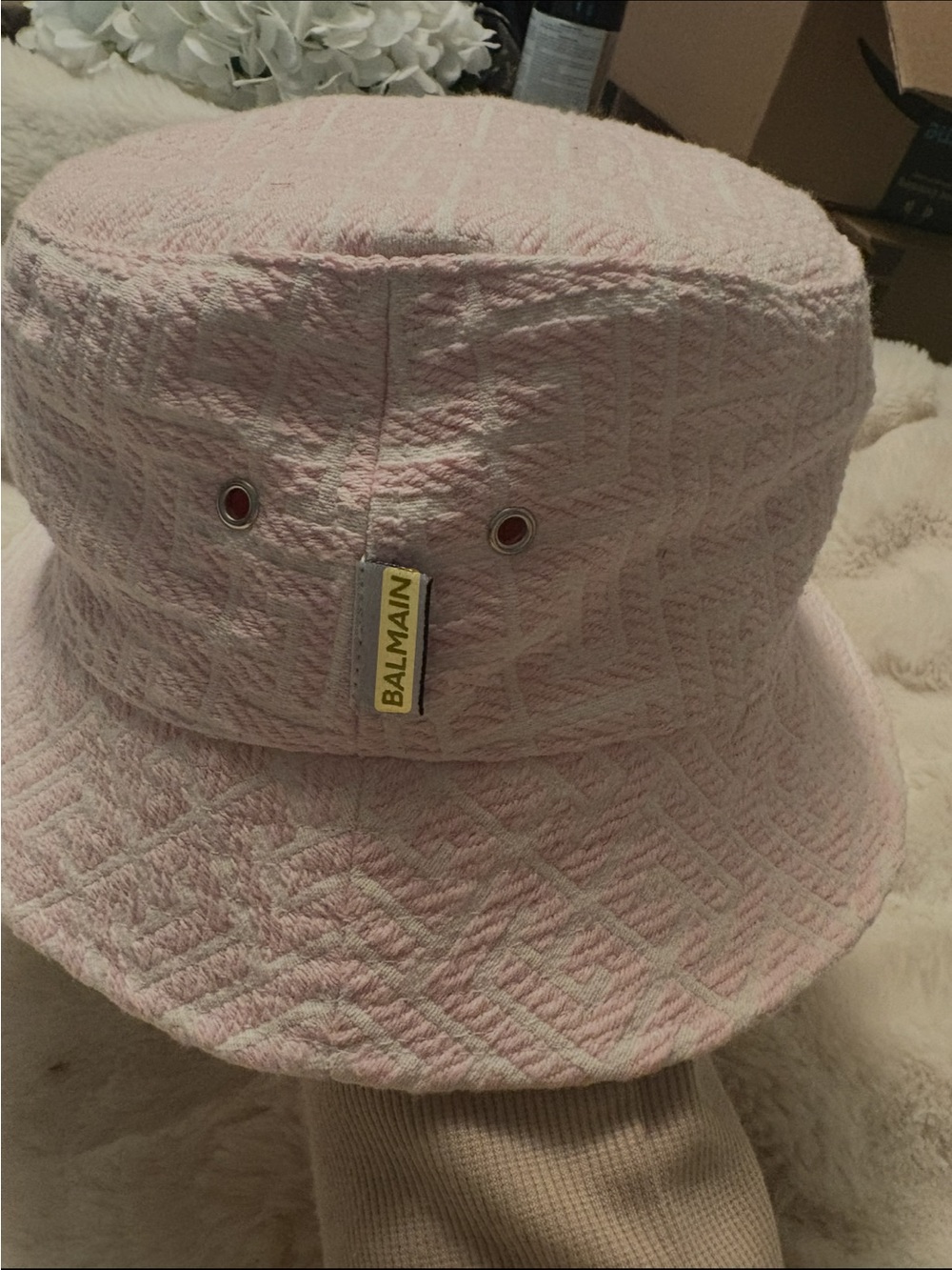 Balmain Light Pink Bucket Hat with Logo Tag